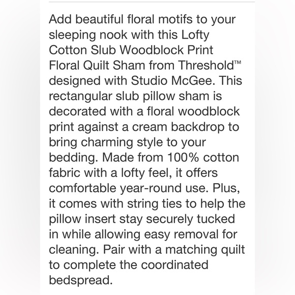 STUDIO MCGEE NEW lofty cotton slub woodblock floral quilt sham -king - Picture 7 of 9